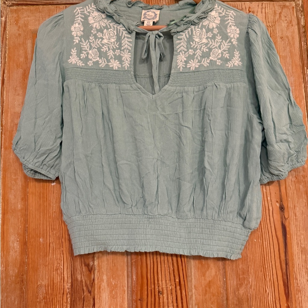 Blue Rain Sage Blouse with Floral Embroidery